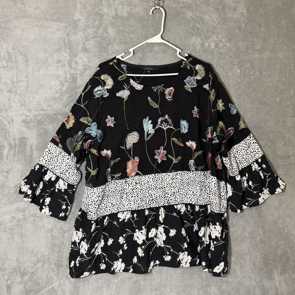 Calessa Bright Black Top 2x Colorful Floral Bell Sleeve Boho Tunic Embroidered - Picture 1 of 8
